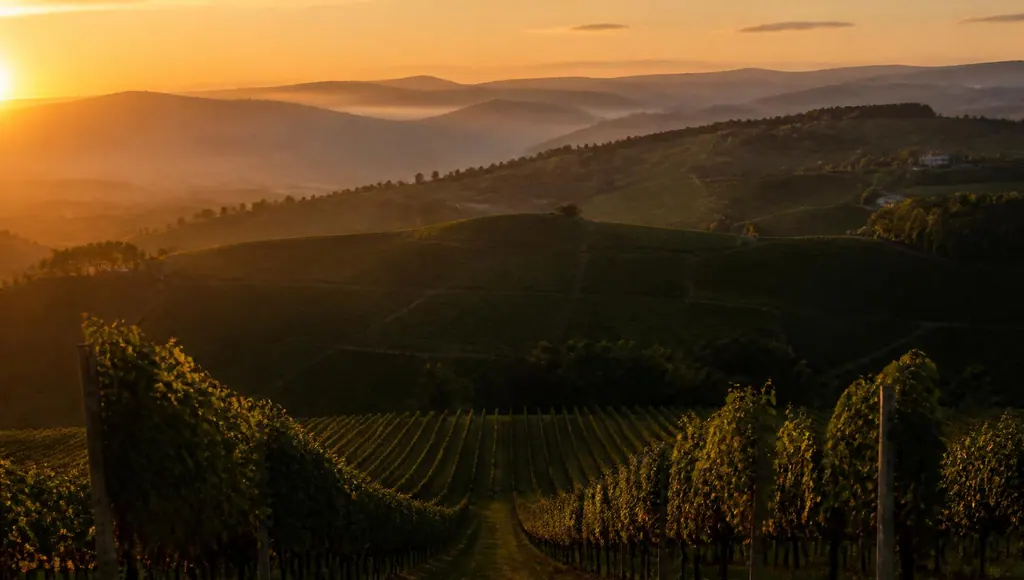 Weinberge und Hügel der Langhe im Sonnenuntergang