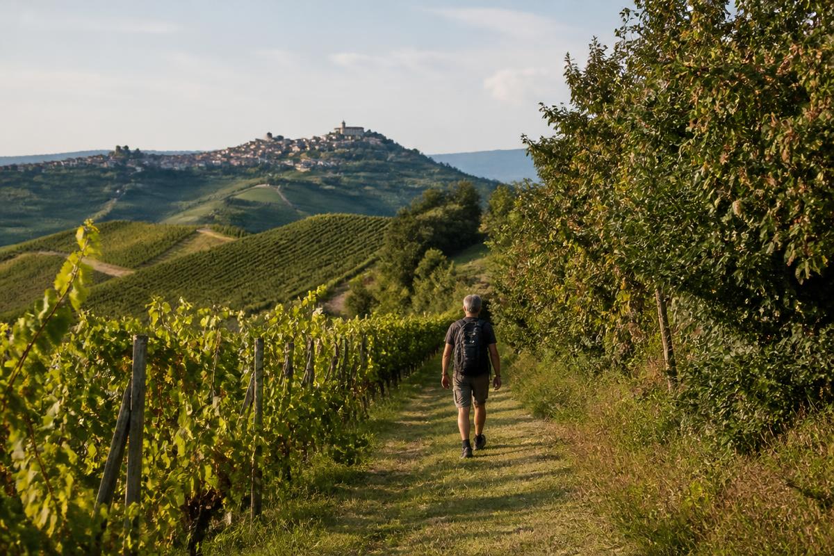 Sentiero tra vigne e colline delle Langhe