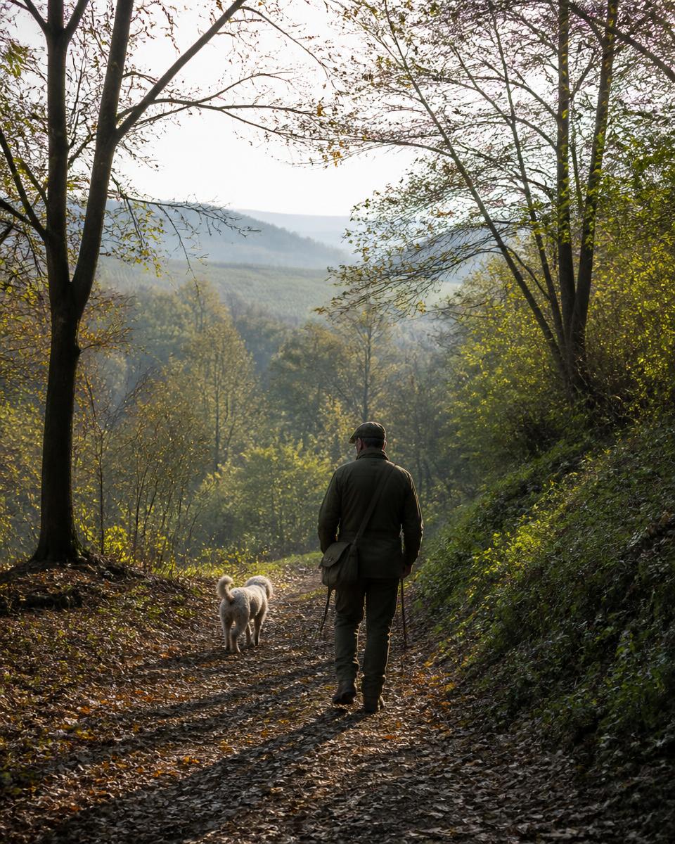 Ricerca del tartufo nei boschi delle Langhe con cane e trifolao
