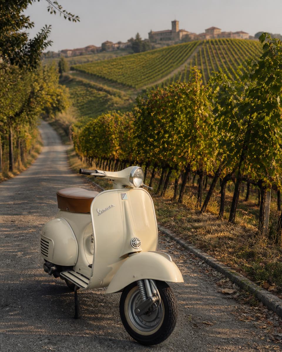 Vespa su una strada tra i vigneti delle Langhe