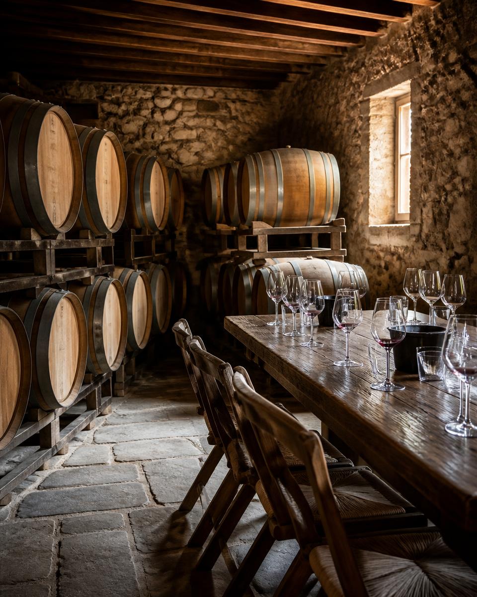 Cantina nelle Langhe con botti e tavolo per degustazione